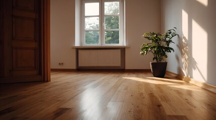 Fototapeta premium Sunlit interior room with polished wooden floor a green plant and natural light streaming through the window showcasing a serene domestic space