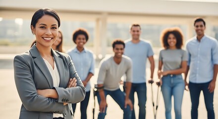 Obraz premium Diverse group of people standing outdoors, smiling, with one woman in foreground, arms crossed