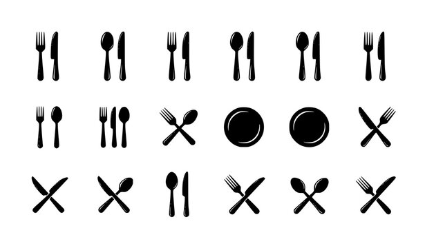 Cutlery icon set with fork knife and spoon silhouettes isolated on white background minimal food symbol vector