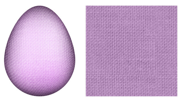 Isolated 3D Easter egg and seamless lilac fabric texture on transparent background. Pastel textile egg with rustic textile surface.