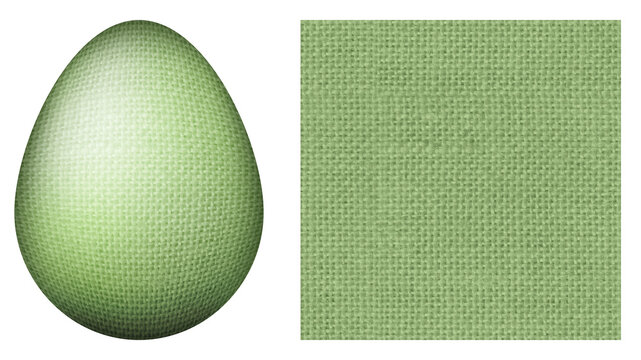 Isolated 3D Easter egg and seamless lime green fabric texture on transparent background. Pastel textile egg with eco fabric surface.
