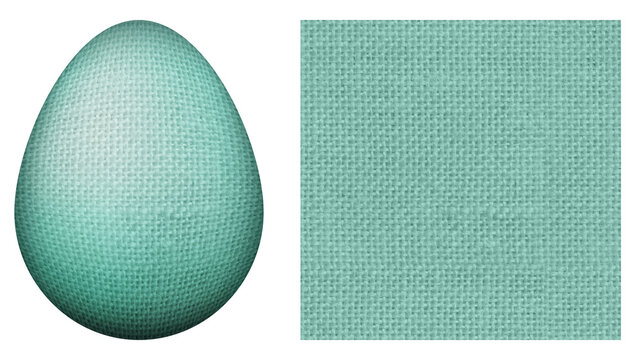Isolated 3D Easter egg and seamless turquoise fabric texture on transparent background. Pastel teal textile egg with mint linen surface.