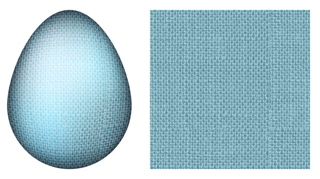 Isolated 3D Easter egg and seamless blue fabric texture on transparent background. Pastel textile egg with burlap surface.