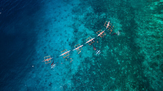 Aerial view of traditional outrigger boats slicing through the turquoise waters off the coast, a vibrant tapestry of blues and greens blending seamlessly, Oslob, Cebu, Philippines.