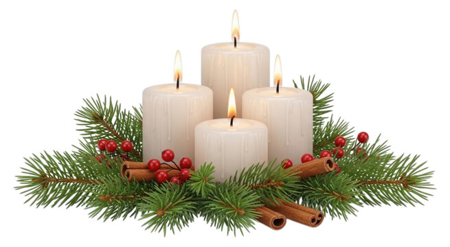 Burning white advent candles with pine branches isolated on transparent background