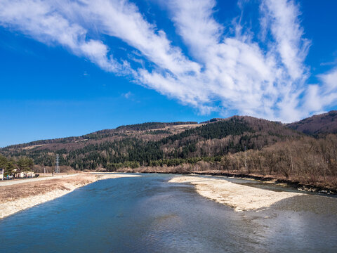 The Poprad River near village Barcice in spring, Poland.