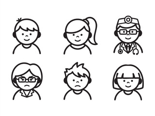 Obraz premium A set of six cartoonstyle line drawings of peoples faces with various expressions and headgear