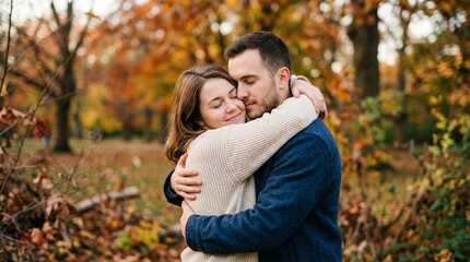 Fototapeta premium Young couple embracing with eyes closed in autumn park setting 