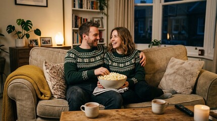 Obraz premium Couple enjoying popcorn while sitting on sofa in cozy living room 