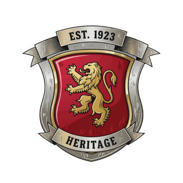 Heritage crest shield featuring a gold lion and EST. 1923 banner design.