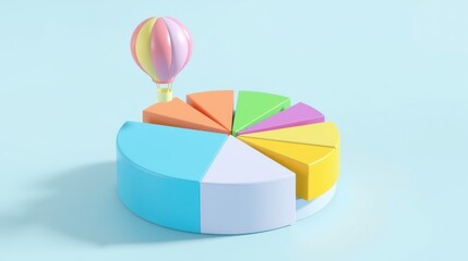 Obraz premium Pastel pie chart with hot air balloon above. Represents data, growth, success, or progress visually. Simple, clean design.