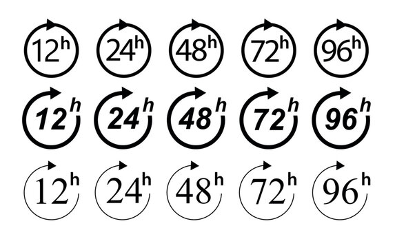 Hour icon 12, 24, 48 and 72 hours clock arrow. Fast service Work time effect or delivery service time icons 24 hours sign. Vector illustration