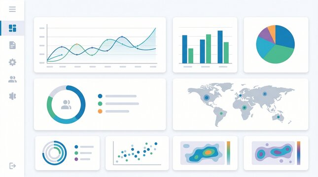 Modern business dashboard interface, data visualization with financial charts and world map, professional analytics software UI design