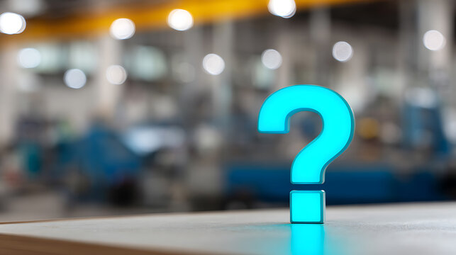 Bright turquoise question mark stands prominently on a reflective surface, in a blurred industrial background with bokeh lights, concept of inquiry and doubt