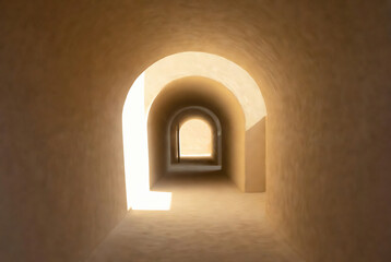 Fototapeta premium A tunnel with a single arched opening, illuminated by light, creating an inviting and mysterious passage.