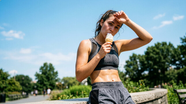 Athletic woman eating ice cream sweating resting after workout park