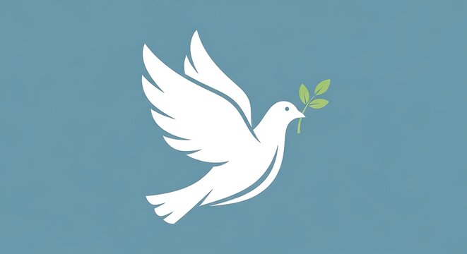 white dove flying with olive branch in beak on blue background