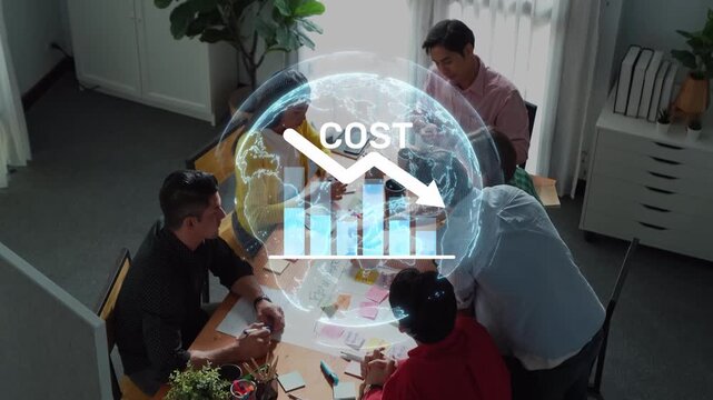 Diverse professionals collaborate in a modern office, analyzing costs and strategies while using digital tools to enhance productivity and innovation. Raster