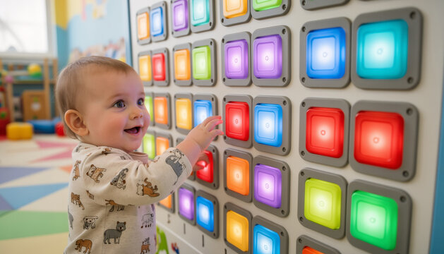 Joyful toddler boy playing with an interactive sensory light wall featuring colorful glowing squares in a modern playroom, promoting early childhood development and learning
