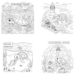 Fototapeta premium Turtle swimming near a lighthouse on a beach, outline drawing for coloring, coloring book