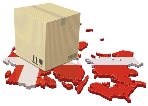 Isometric 3D map of Denmark with national flag colors featuring a cardboard parcel box, representing e-commerce, international shipping, and supply chain logistics. (cut out)