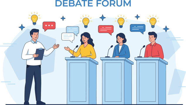 Moderator hosting a professional debate forum with diverse speakers at podiums, sharing ideas through speech bubbles and light bulb icon