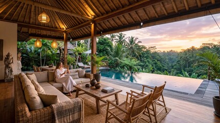 Fototapeta premium Relaxed woman in luxury tropical bamboo villa with infinity pool at sunset in Bali