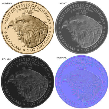 PBR coin texture set reverse with albedo, roughness, normal and height maps, isolated with clipping path