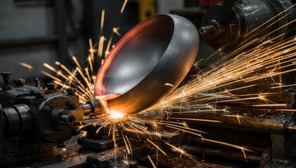 Obraz premium Medium shot of a spinning carbon steel wok blank as it rotates smoothly shaping into a deep rounded profile with sparks flying from the forging process.