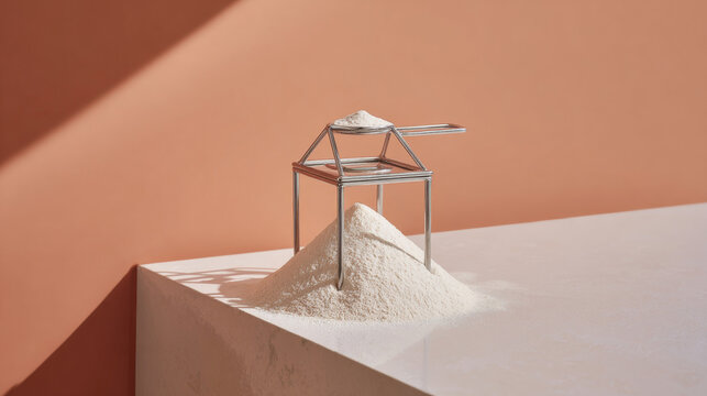 A minimalist silver flour sifter standing on a pristine white kitchen island. A neat, mountain-like heap of white flour directly underneath it