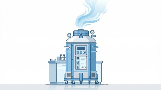 Cryogenic storage tank with liquid nitrogen vapor, laboratory dewar vessel for medical research, industrial gas container illustration