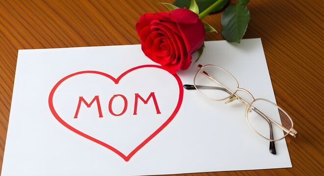 Mothers day card with red heart and mom text and rose and glasses