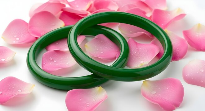 Green bangles with rose petals and water droplets on white background