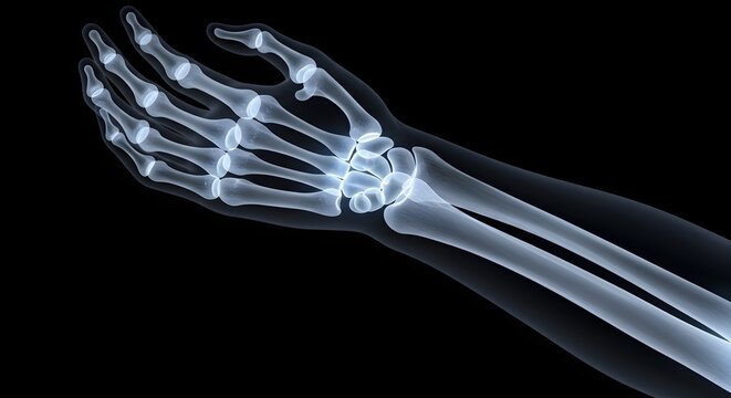 X ray image of a human hand and wrist showing skeletal structure