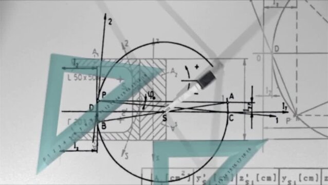 Technical Engineering Drawing and Geometry Calculations with Compass and Set Square
