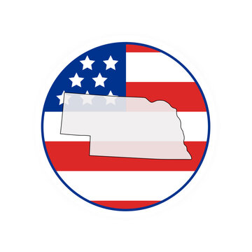Nebraska state map over USA flag badge. Nebraska state map silhouette overlaid with the United States flag.