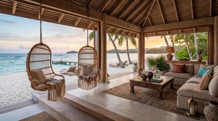 Fototapeta premium Luxurious Tropical Beach Villa Interior with Hanging Rattan Chairs and Ocean View at Sunset