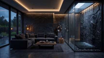 Fototapeta premium Luxury modern living room interior with indoor glass waterfall feature and dark stone walls at night