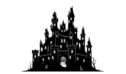 Creepy ruined castle silhouette vector illustration with crumbling towers isolated on white © Crafts Home