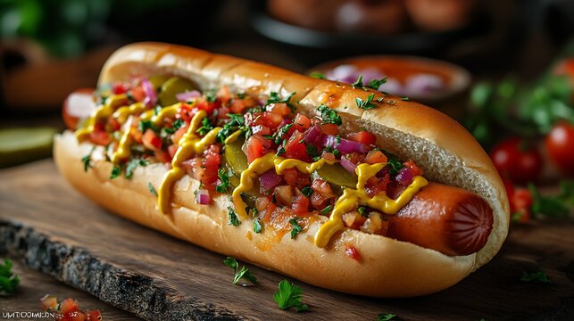 Delicious Hot Dog with Toppings on Wooden Board