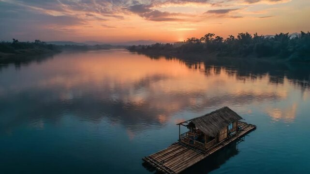 Bamboo raft on calm river during sunset with colorful sky  
