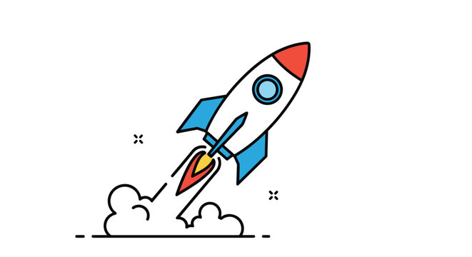 Vibrant illustration of a colorful rocket ship launching upwards with smoke and flames in a playful and energetic graphic style.