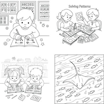 Children studying and playing board games, boy writing, fish in water, black and white