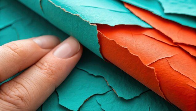 A hand peeling off layers of vibrant orange and teal colored paper