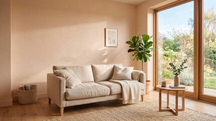 Fototapeta premium Cozy Minimalist Living Room Interior with Beige Sofa and Sunlight