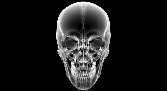 X ray image of a human skull with detailed bone structure visible