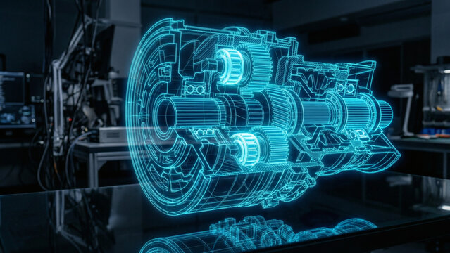 Glowing cyan holographic wireframe schematic of a jet engine turbine in a laboratory