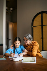 Vertical shot of middle aged woman guiding teenage girl writing in notebook at home, supporting...