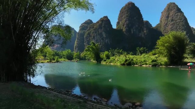 Scenic landscape of the li river with karst mountains and greenery