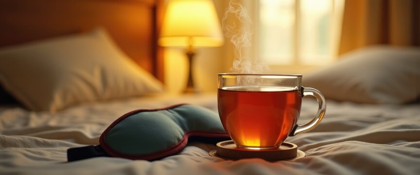 Steaming mug of herbal tea with sleep mask on coaster in warm light, cozy bedtime ritual and wind-down routine. Evening Tea Ritual
